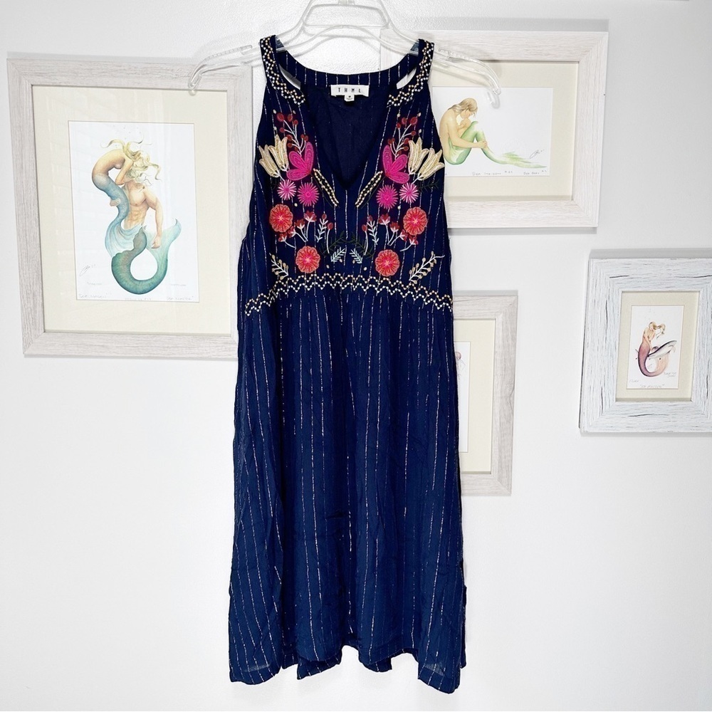Thml Navy Floral Embroidered Sleeveless Metallic Dress Women’s Size Medium